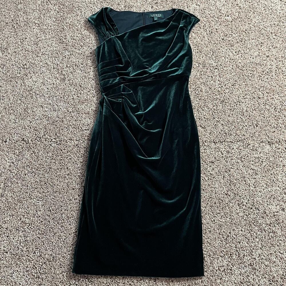 Lauren Ralph Lauren Dress Womens 0 Green Velvet Ruched Sheath Cap Sleeve‎ Formal